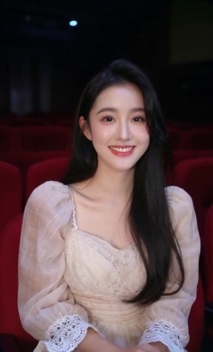 微笑黑发蕾丝裙女子红椅