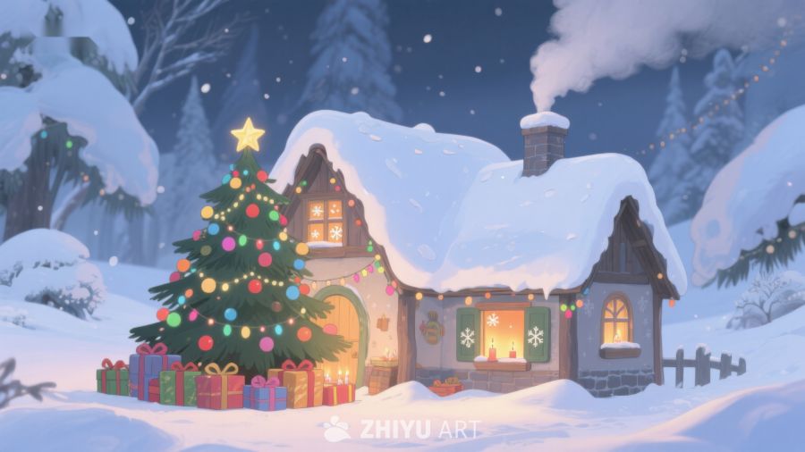 雪夜中的温馨小屋与圣诞树 484