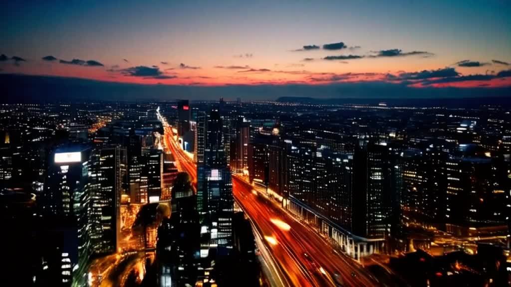 城市景观从白天过渡到夜晚的延时摄影。天空中呈现粉红