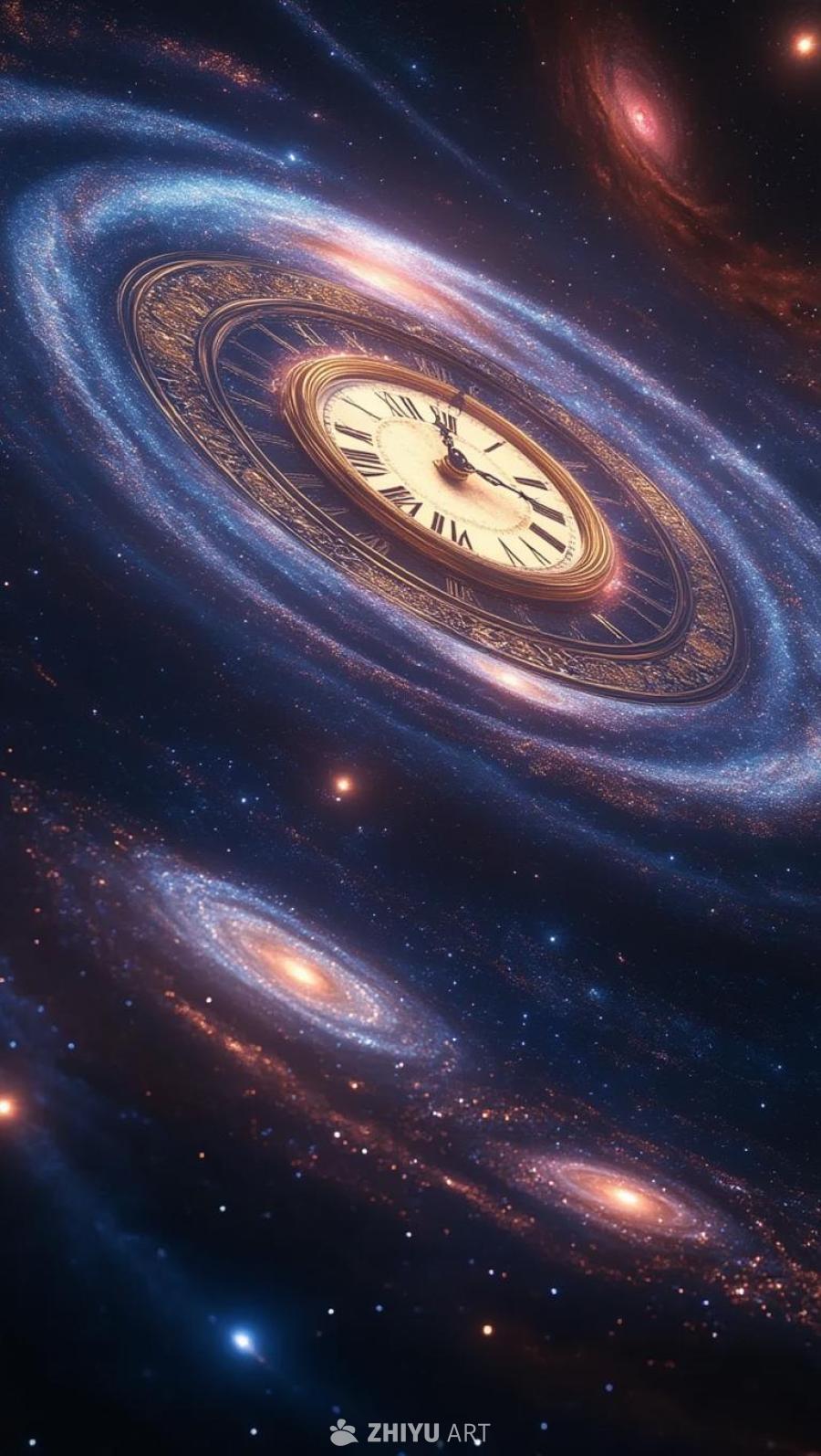 星空中漂浮着一个带有金色边框的钟表，钟表盘面清晰可