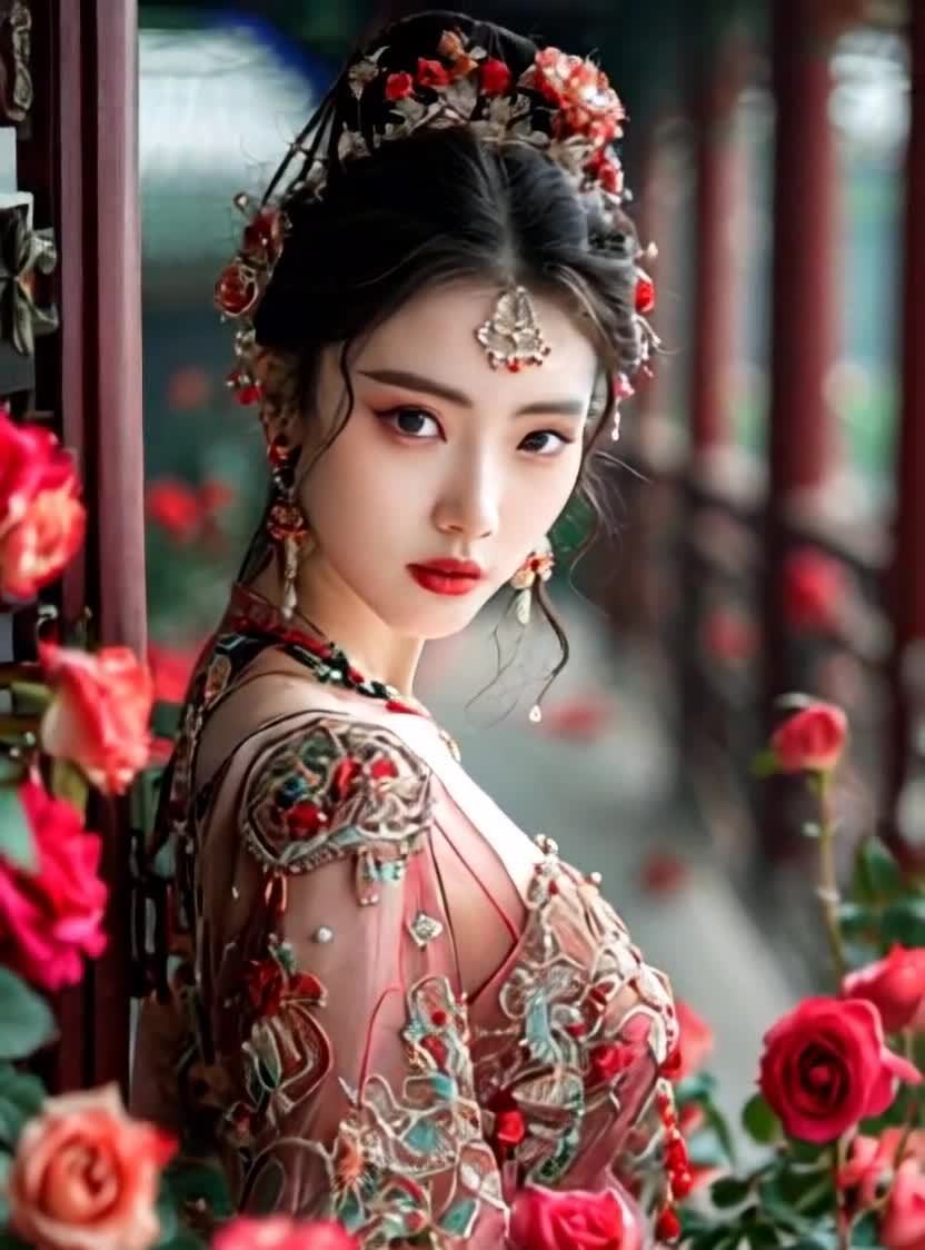 古装美人倚门赏花，红唇与玫瑰相映成趣。