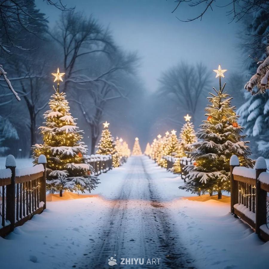 雪覆盖的道路两侧，排列着装饰灯光的圣诞树。圣诞树顶