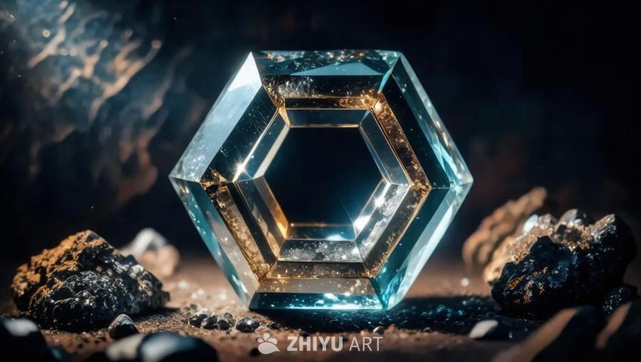 一个M型六角铁氧体晶体，呈六边形结构，在柔和的漫射