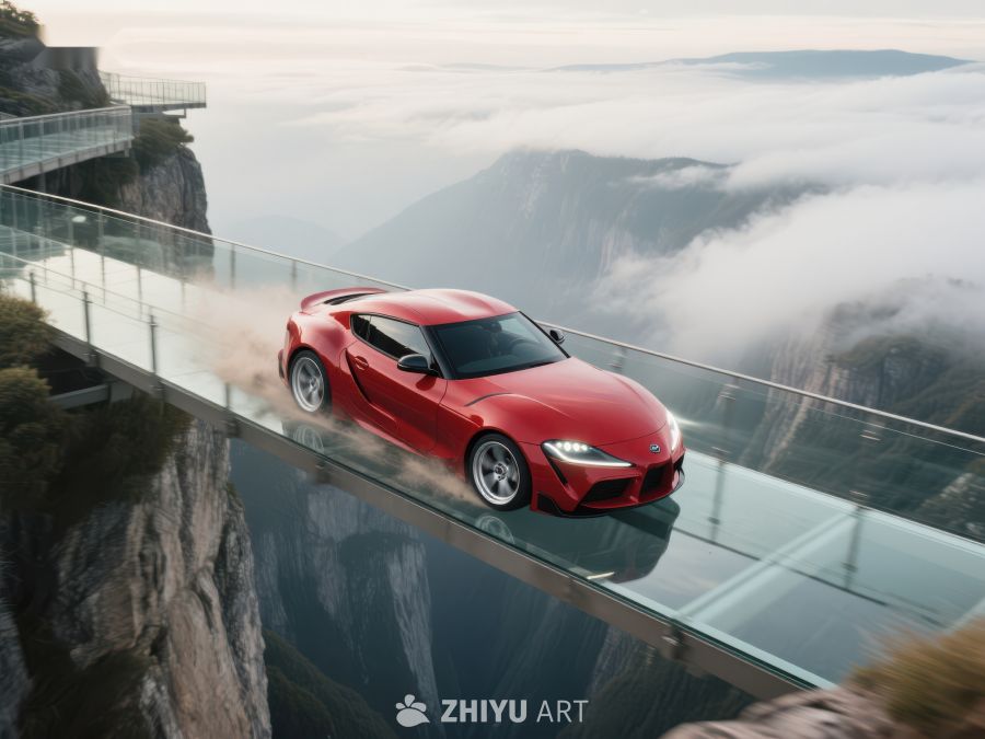 红色跑车行驶在高空玻璃栈道上 128