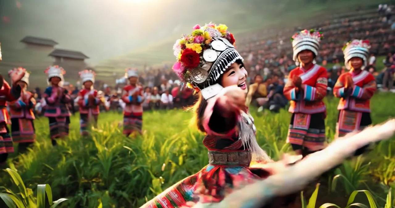 一名身着鲜艳民族服饰的小女孩在绿色的草地上旋转，裙