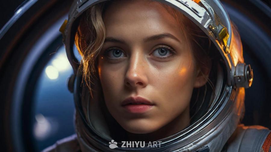 一位女性穿着紧身太空服，位于太空空间站的宇宙飞船上