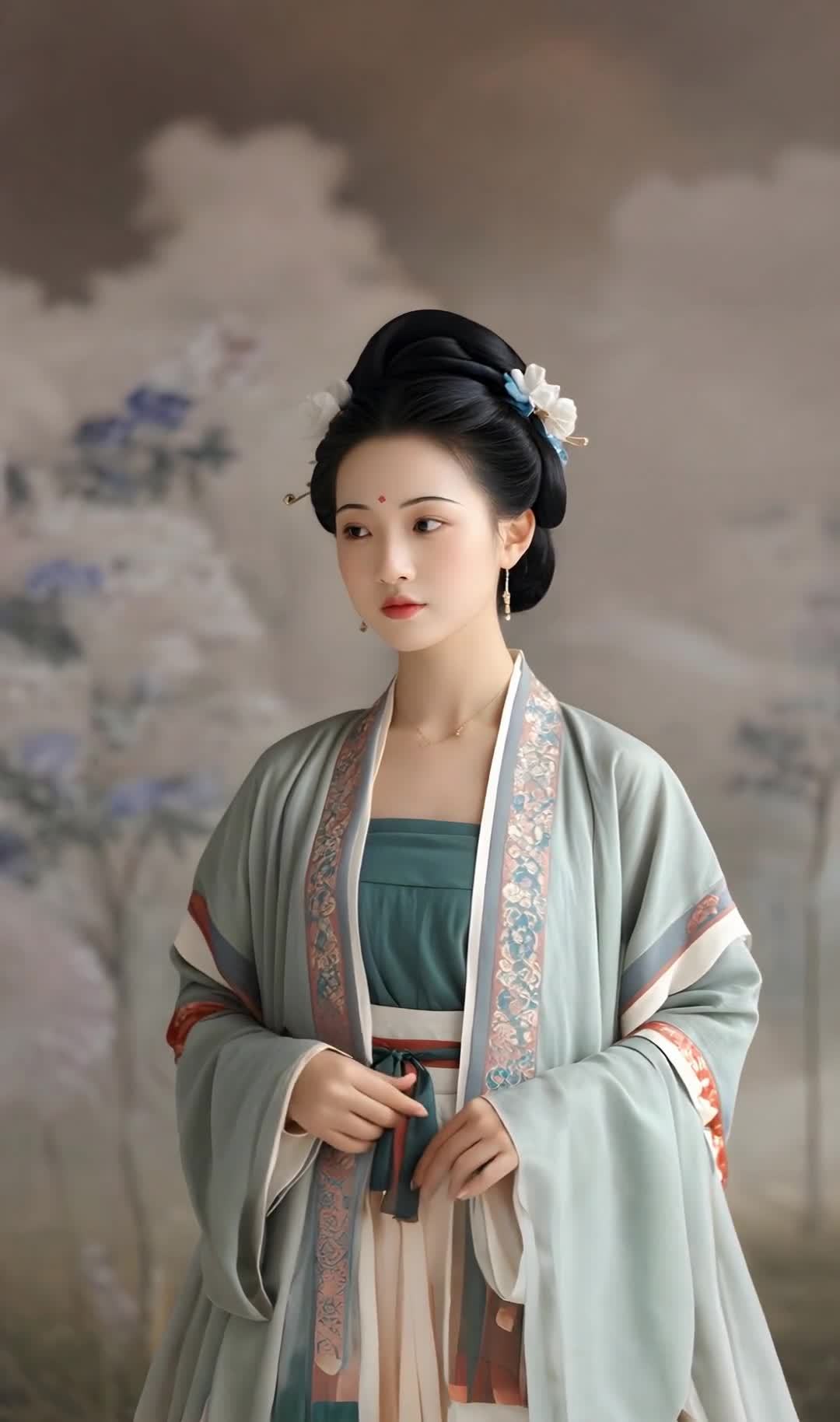 汉服女子：发髻花朵，淡绿外衣，山水背景
