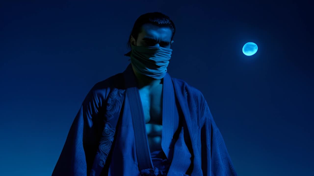 月光下，一个身材健硕而轮廓分明的男子身着深蓝色武士