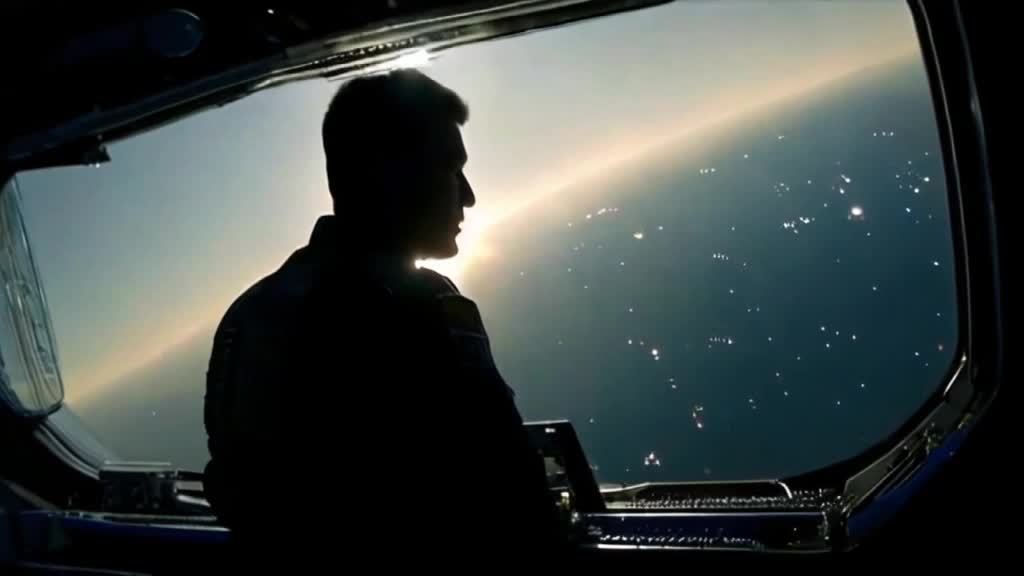 宇航员S.J. 米勒上尉凝视着宇宙飞船窗外。  镜