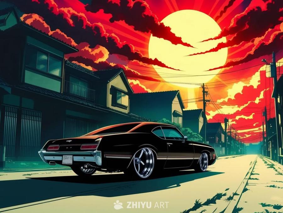 一条街道，天空中布满红色和橙色的云，太阳光穿过云层