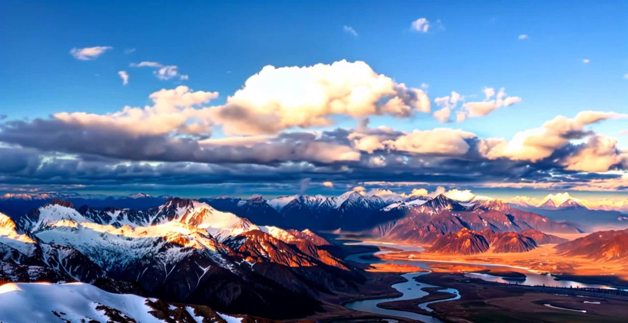 夕阳雪山蜿蜒河流云朵蓝天美景
