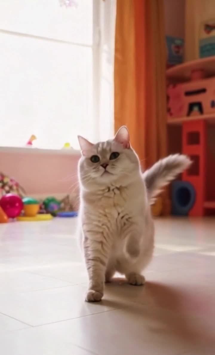 一只银白色的猫站在地板上，抬起一只前爪，似乎在挥手