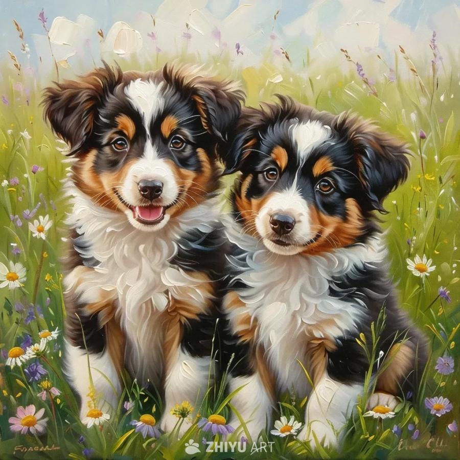 两只边境牧羊犬幼犬并排坐在草地上，周围环绕着白色和