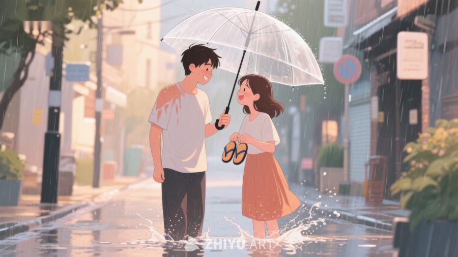 雨中共享透明伞的温馨瞬间 651