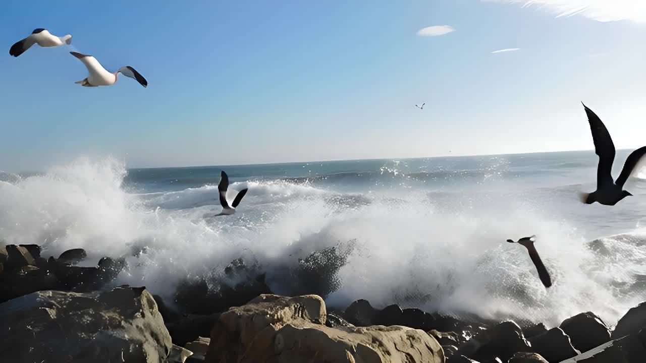 海浪拍打着岩石，四只海鸥在空中飞翔。天空晴朗，有少