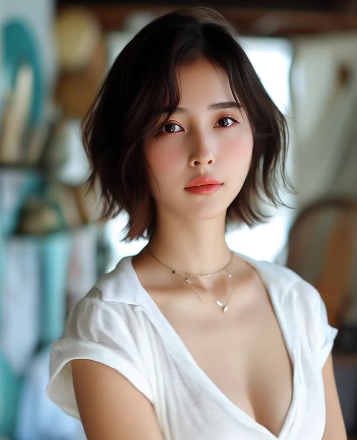 短发白衫年轻女性的肖像，金色项链，视线笔直面对镜头
