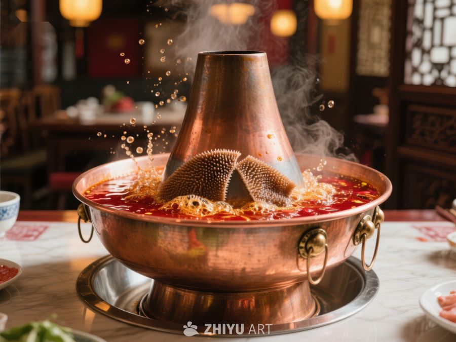 铜锅火锅热气腾腾，食材翻滚 1193