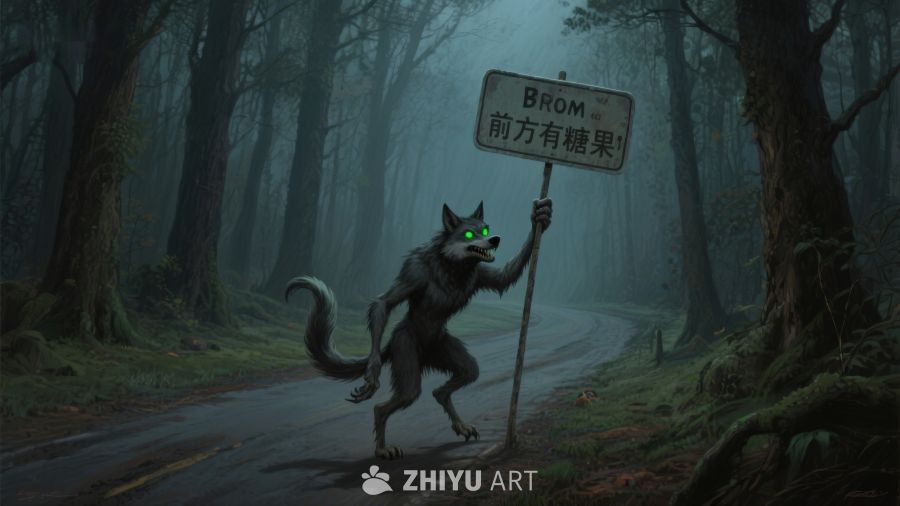 森林中的狼人手持指示牌