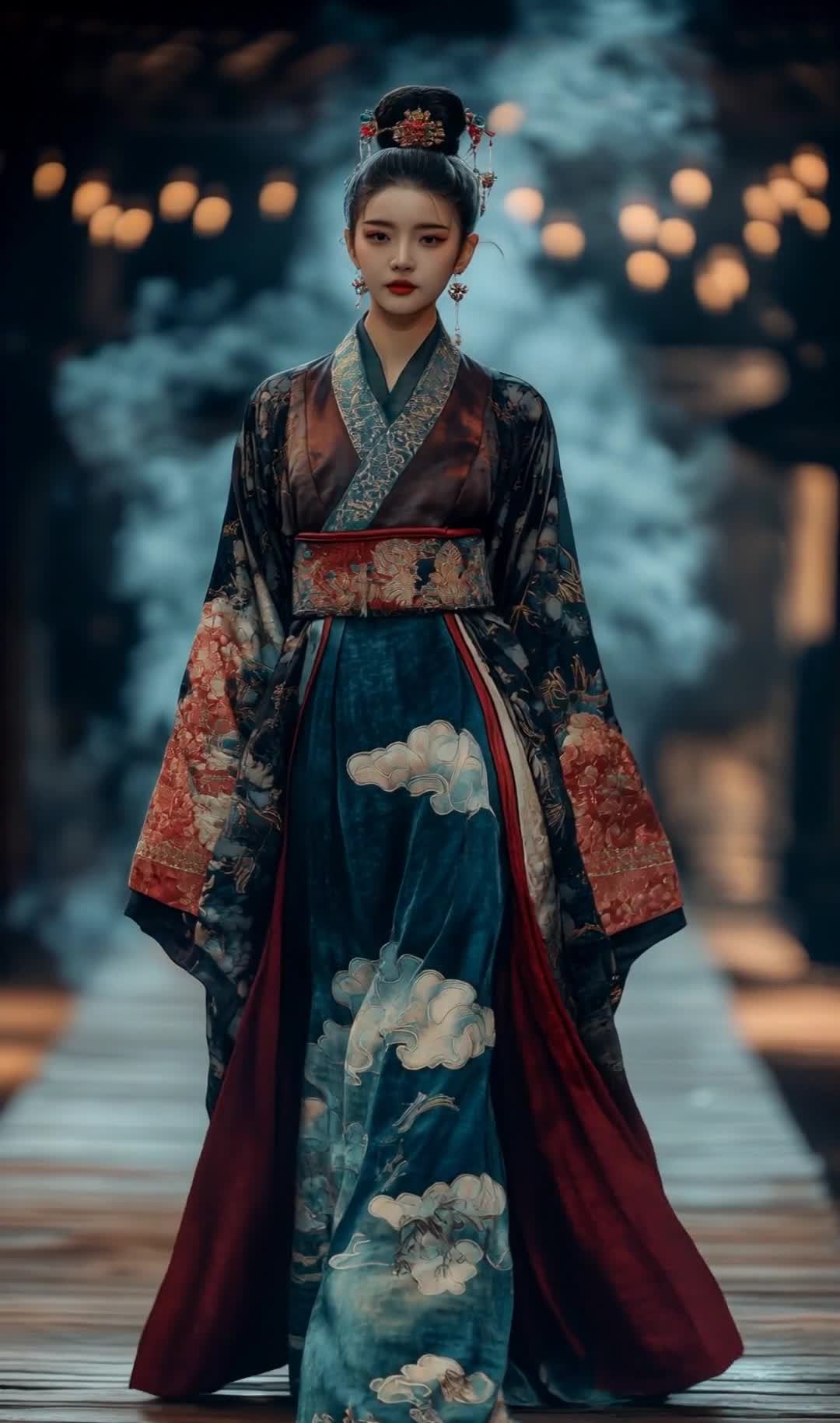 一位身着古装的女性走在木质地板上。她穿着深色系的长