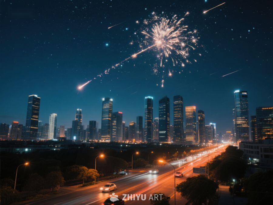 夜空烟花下的城市景观 359