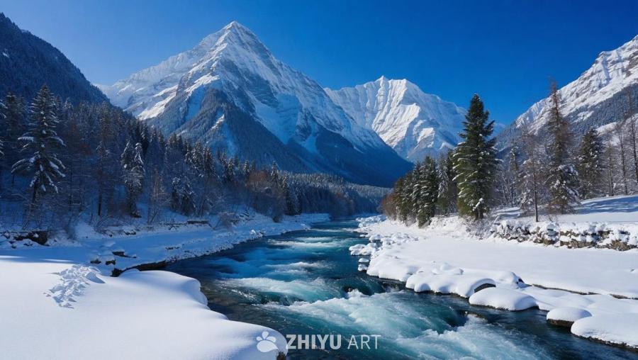 一座白雪皑皑的山峰矗立在画面背景中，山峰顶端尖锐。
