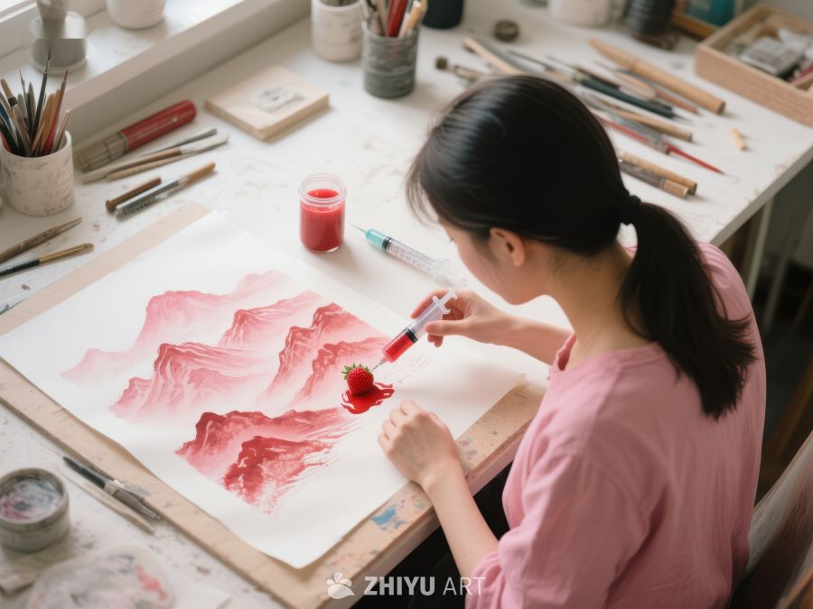 女子专注绘制山水画 318