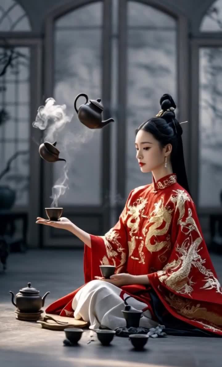 一名身穿红色汉服的女子坐在地上，周围有茶具。女子长