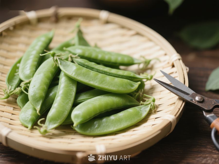 新鲜豌豆荚置于竹篮中 615