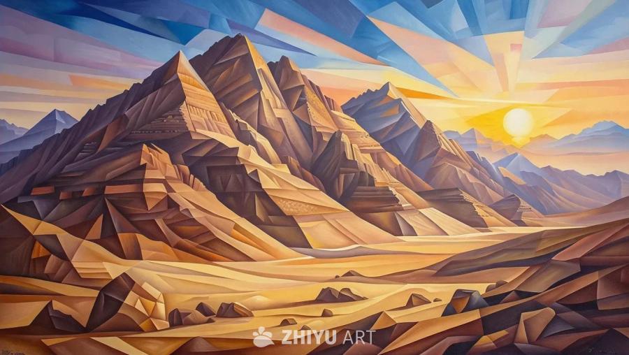 崎岖的山峰以大胆的几何形状描绘，展现了原始的力量和