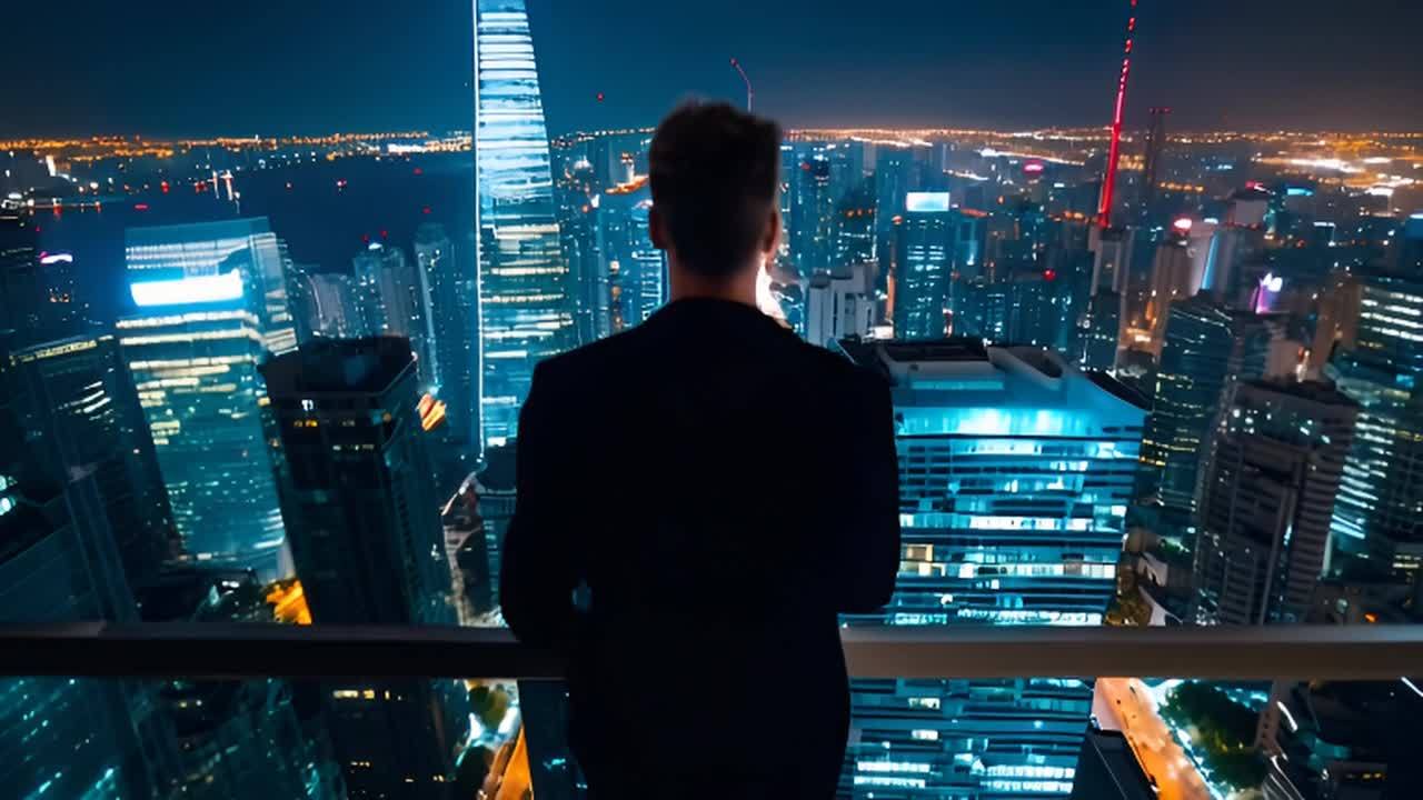 一个年轻人站在阳台上，背对着镜头，俯瞰着城市的夜景