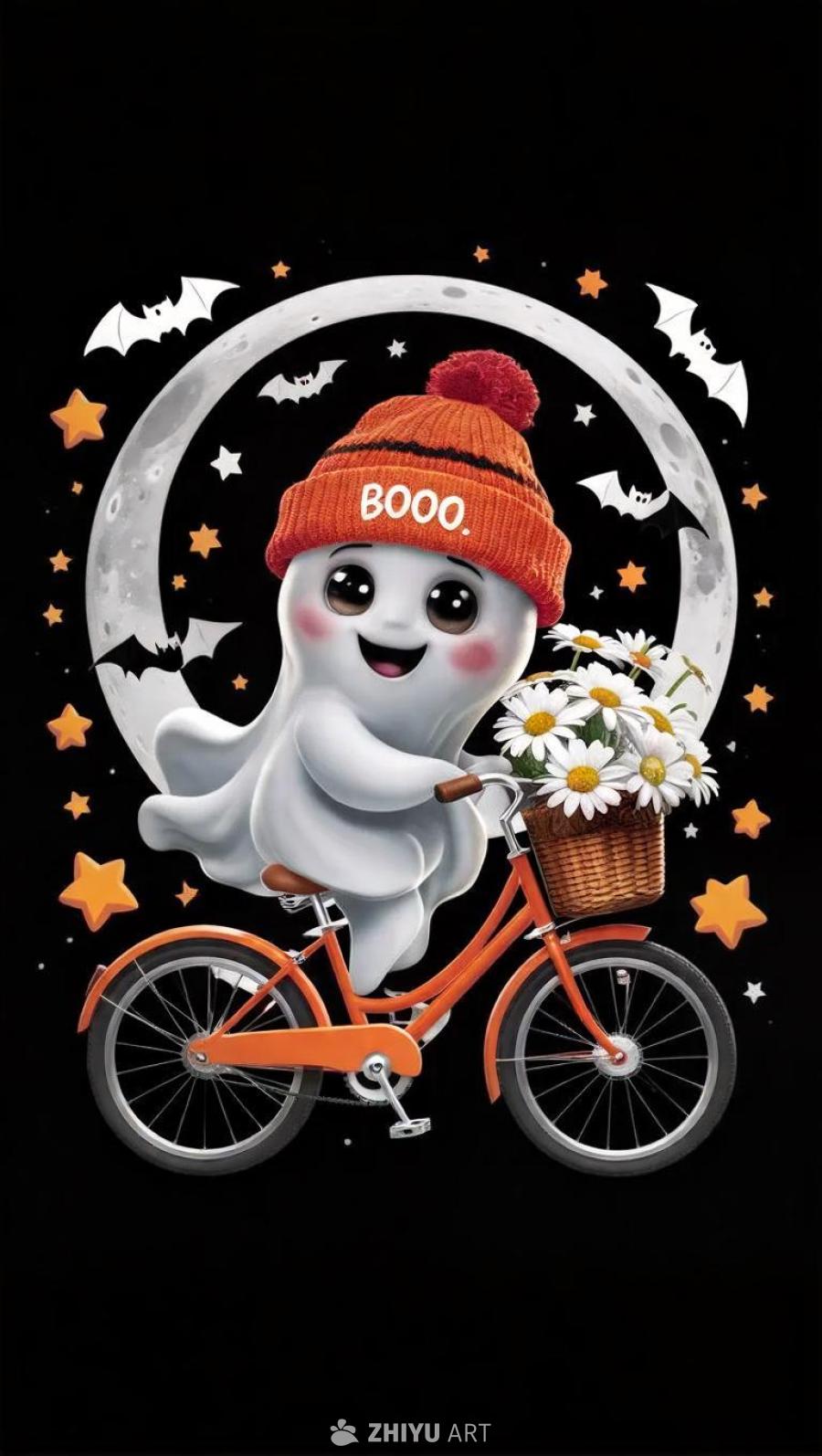 一个卡通幽灵戴着红色毛线帽，帽子上写着“Boo”，