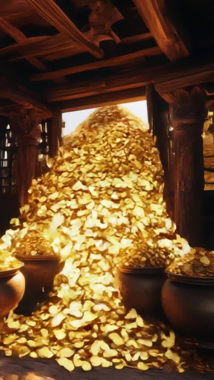巨大的木质金库门打开，巨量的金币以不可阻挡的力量涌