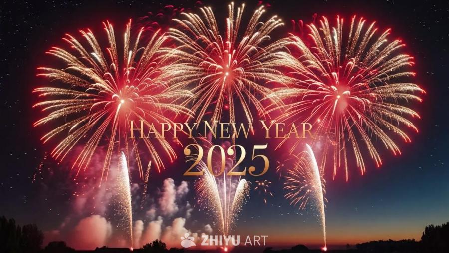 午夜的天空中绽放着鲜艳的红色和金色烟花，“新年快乐