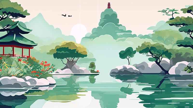 中国画园林植物水亭子插画 25