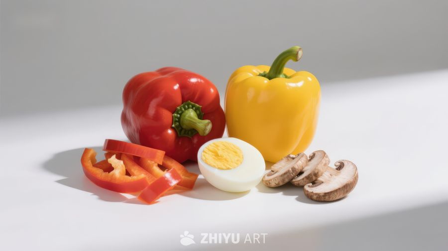 彩椒鸡蛋与蘑菇静物