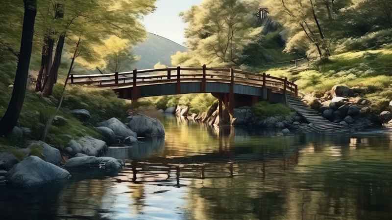 一条小溪旁一座小木桥横跨在水面上 9