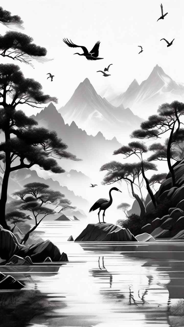 国风山水鹤插画背景 53