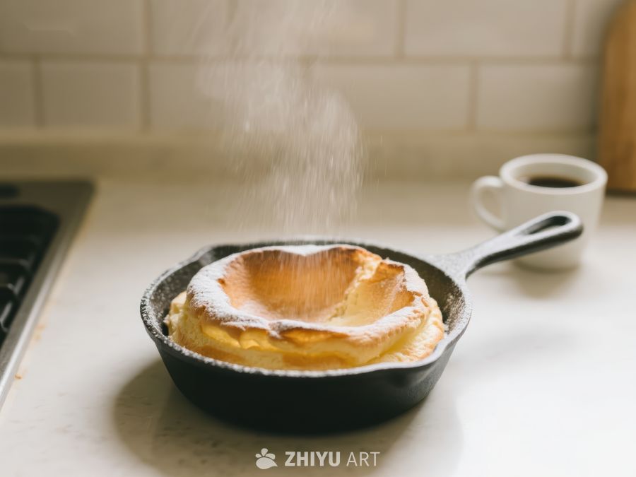 糖粉撒在煎锅中的荷兰松饼上 1163