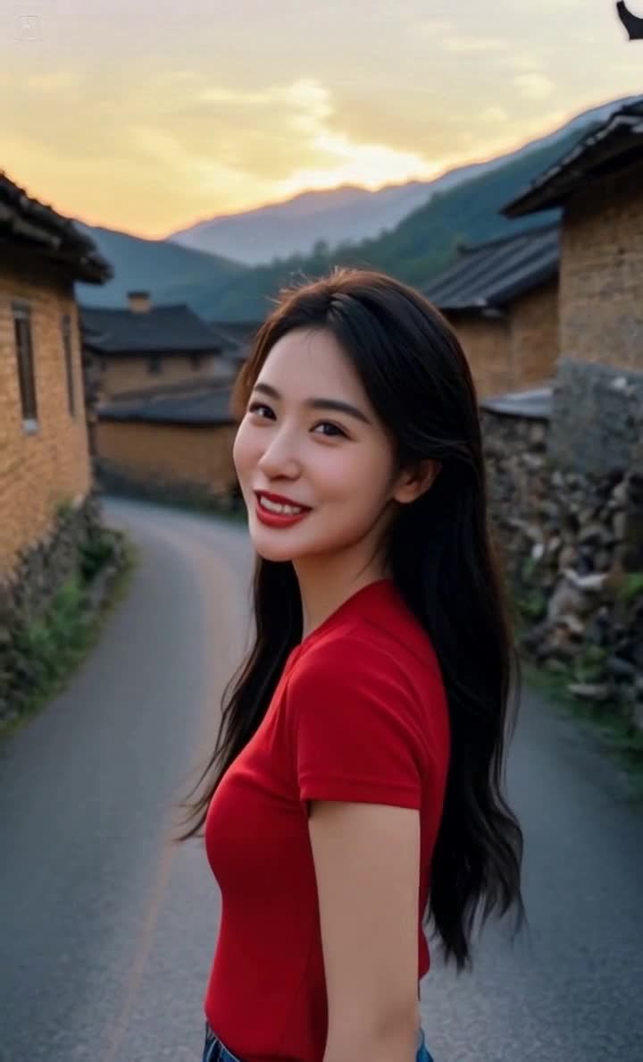 画面中是一位长发女子，她穿着红色短袖T恤，面带笑容