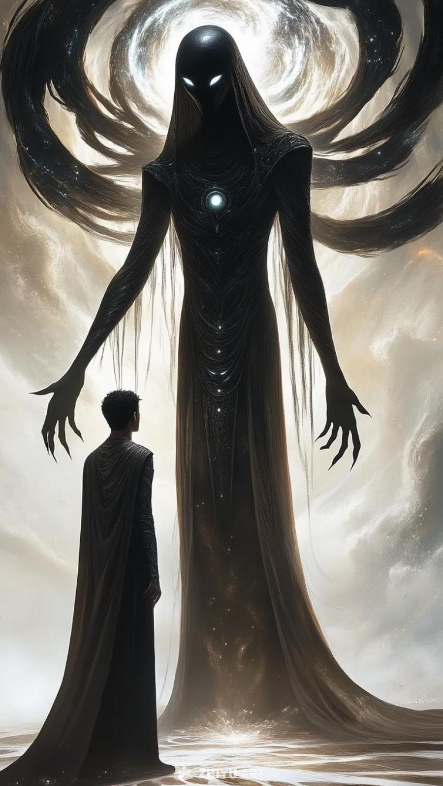 画面中，一个孤单的身影站在一个巨大的人形生物面前。