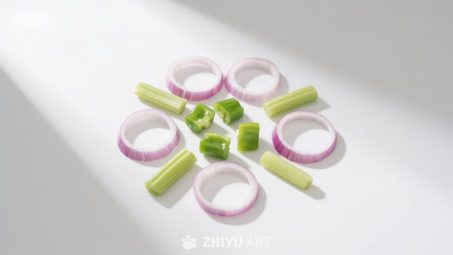 洋葱圈与青椒段的简洁排列
