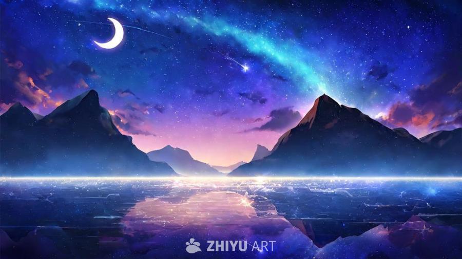夜空中悬挂着一弯新月，无数星辰点缀着深蓝色的天空。