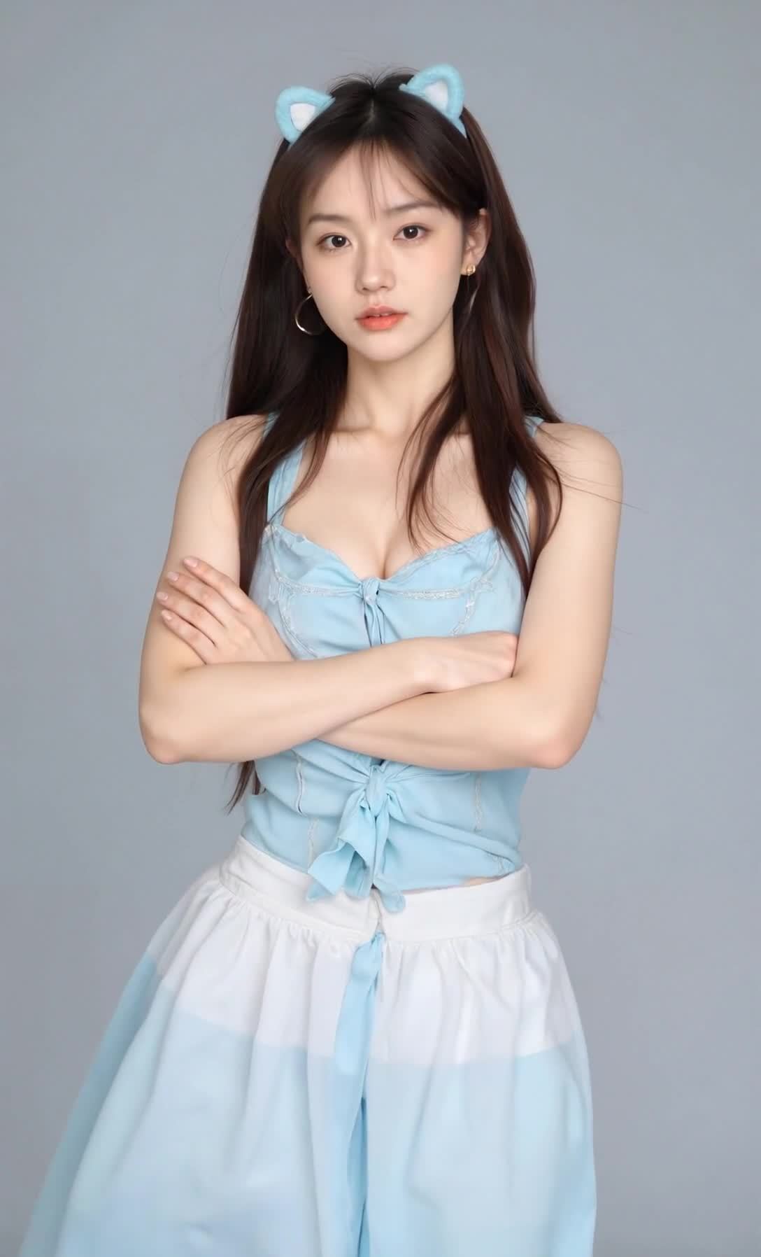 戴猫耳的年轻女子交叉双臂凝视镜头，背景单色