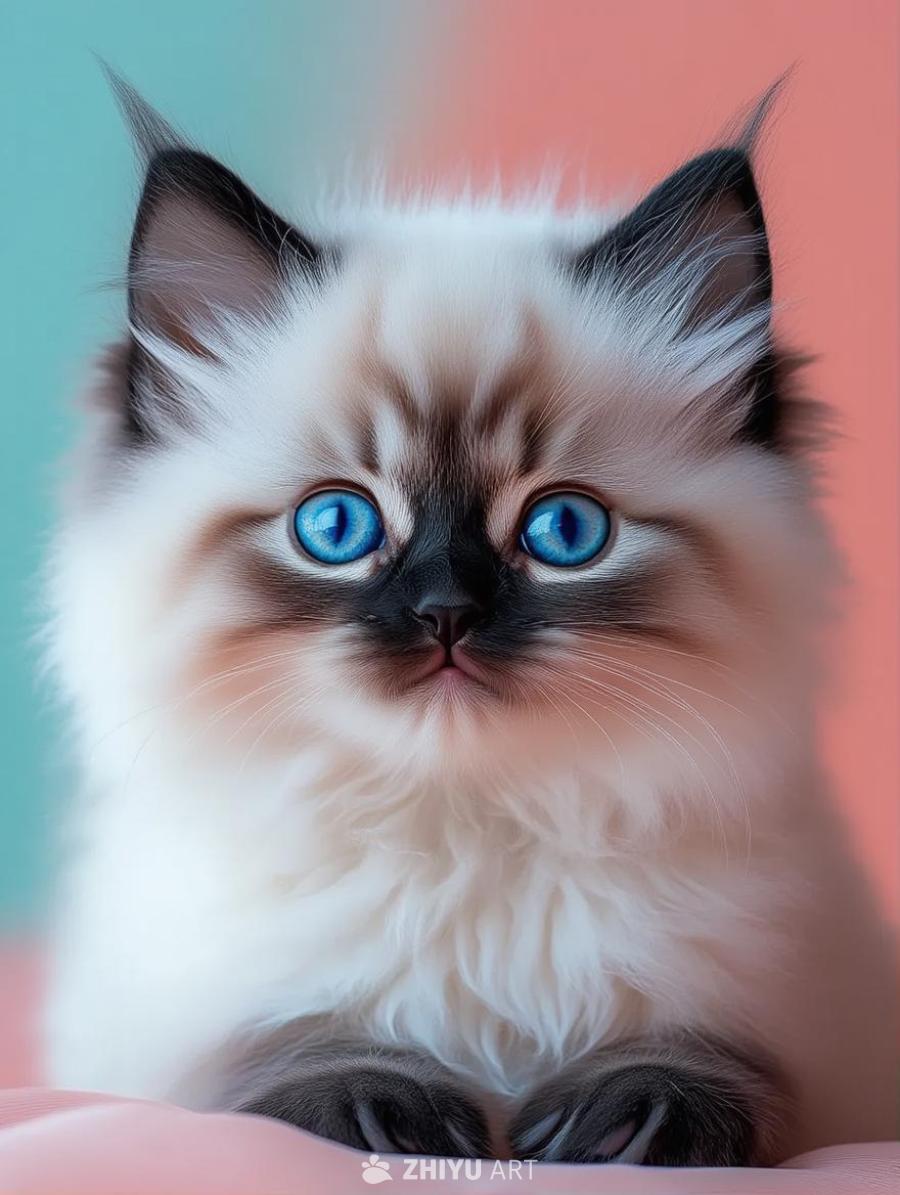 一只喜马拉雅小猫位于中心位置，它拥有蓬松的毛发，蓝