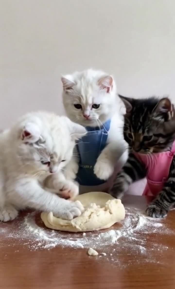 三只小猫围在一块揉好的面团周围。其中两只小猫是白色