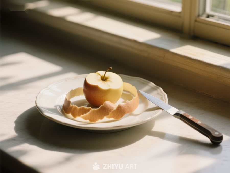 窗边盘中的苹果与刀 87