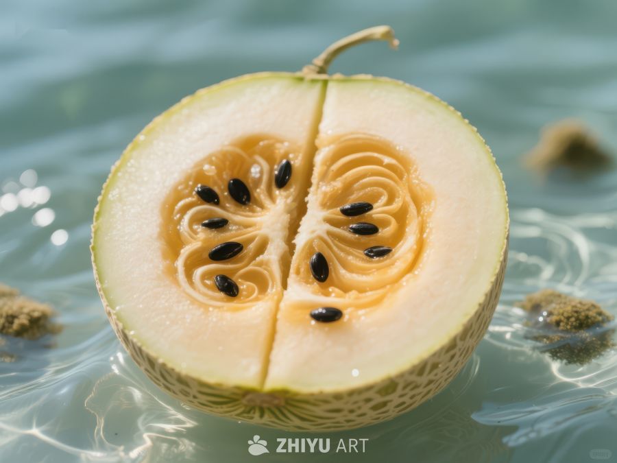 切开的甜瓜漂浮在水中 394