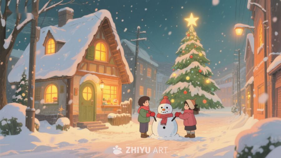 冬夜雪景中孩子们与雪人共度圣诞 129