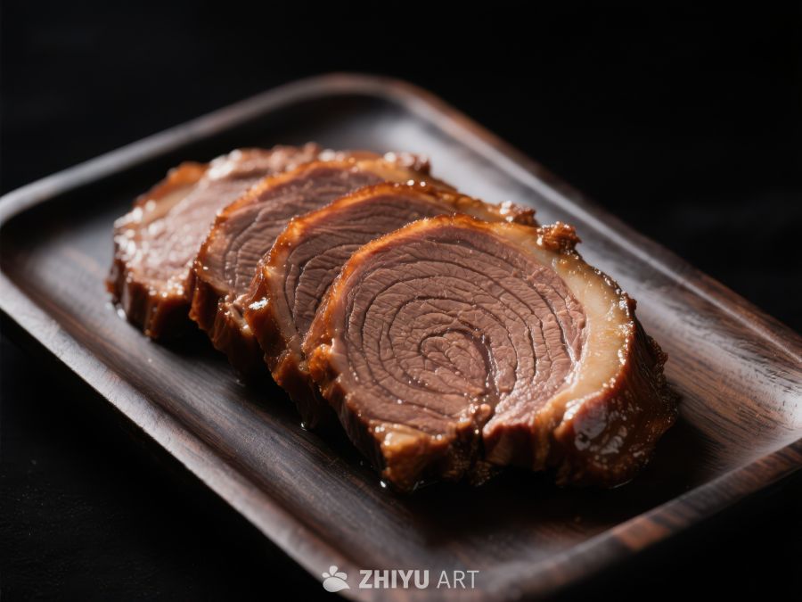 精致切片肉食，摆放在深色木质盘中 532