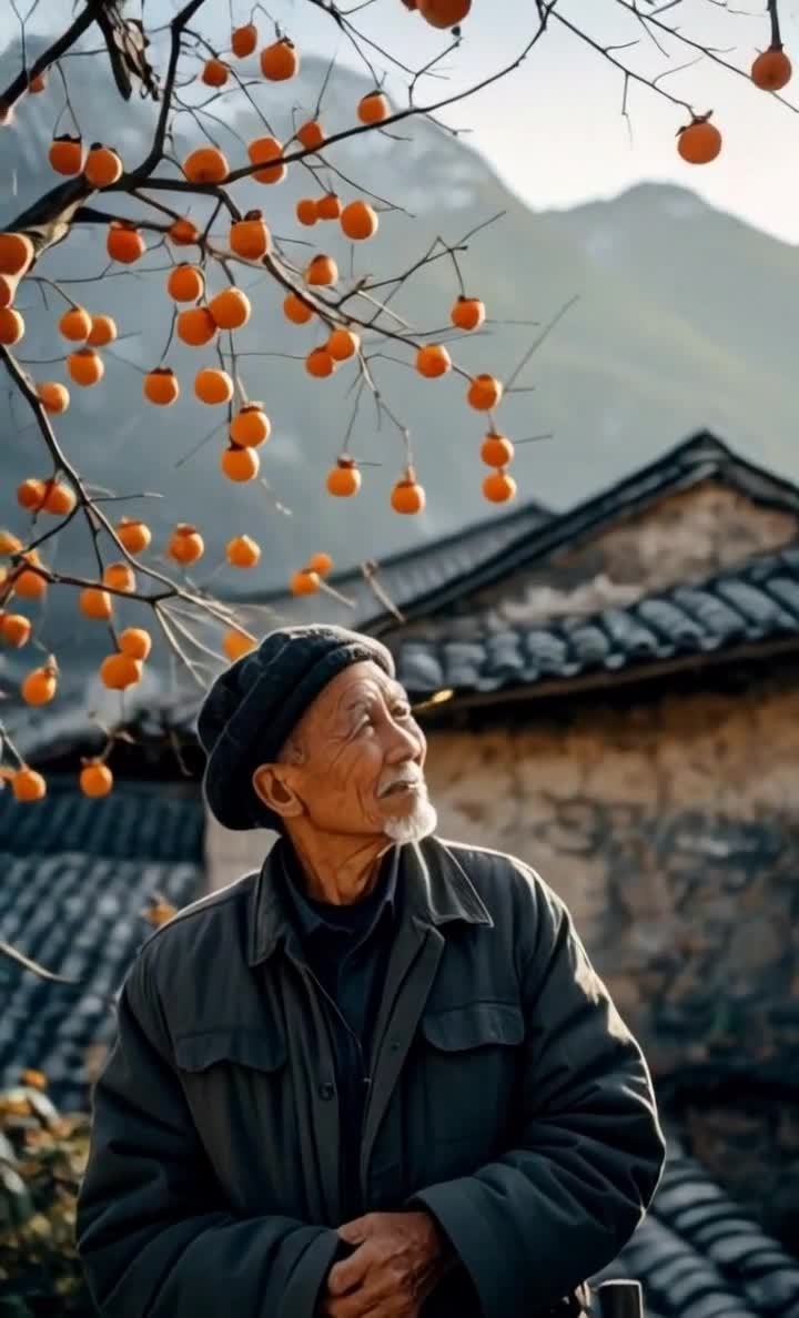 柿树下老人凝望，丰收的柿子与古朴院落。